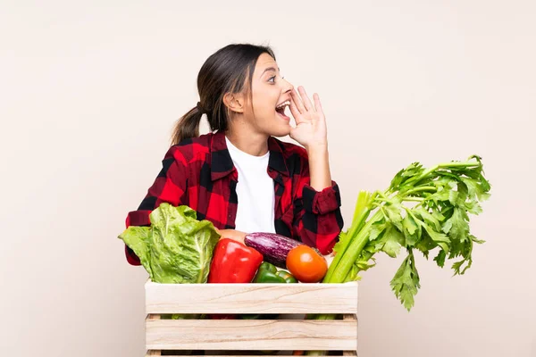 Mujer Agricultora Sosteniendo Verduras Frescas Una Canasta Madera Gritando Con — Foto de Stock