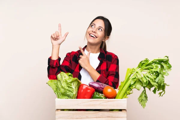 Mujer Agricultora Sosteniendo Verduras Frescas Una Canasta Madera Señalando Con —  Fotos de Stock