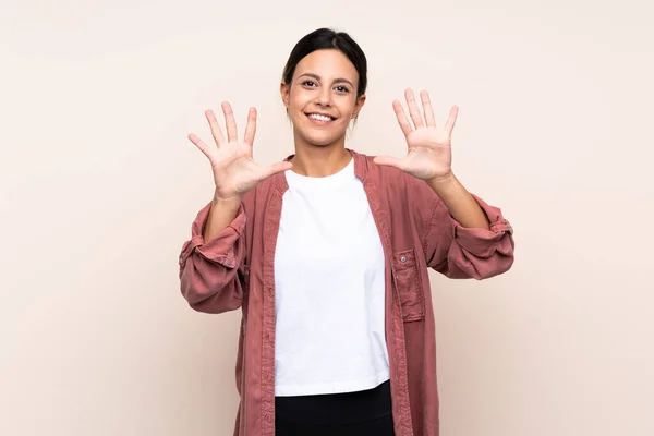 Vrouw Geïsoleerde Achtergrond Tellen Tien Met Vingers — Stockfoto