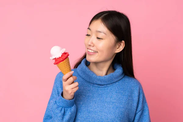 Young Asian Woman Cornet Ice Cream Isolated Pink Background — Stock Photo, Image