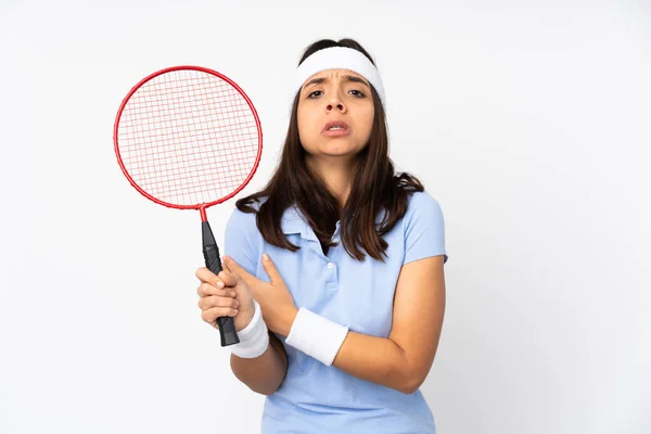 Young Badminton Player Woman Isolated White Background Freezing — Stock Photo, Image