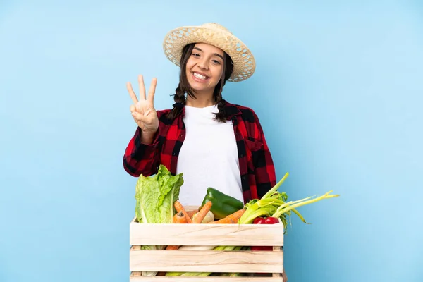 Joven Agricultora Mujer Sosteniendo Verduras Frescas Una Cesta Madera Feliz — Foto de Stock