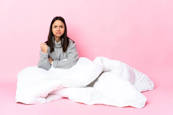 Young Mixed Race Woman Wearing Pijama Sitting Floor Unhappy Expression — Stock Photo, Image