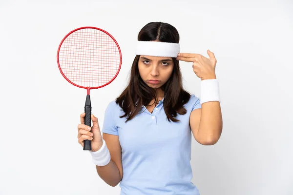 Joven Jugador Bádminton Mujer Sobre Fondo Blanco Aislado Con Problemas —  Fotos de Stock