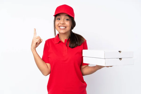 Zole Edilmiş Beyaz Arka Planı Olan Genç Pizzacı Kız Harika — Stok fotoğraf