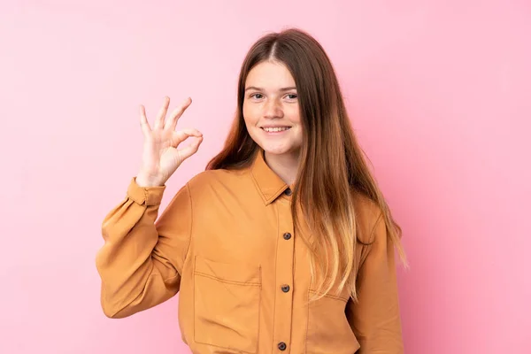 Ukrajinský Teenager Dívka Přes Izolované Růžové Pozadí Ukazující Znamení Prsty — Stock fotografie