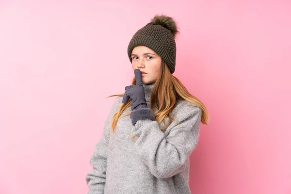 Ukrainian Teenager Girl Winter Hat Isolated Pink Background Doing Silence — Stock Photo, Image