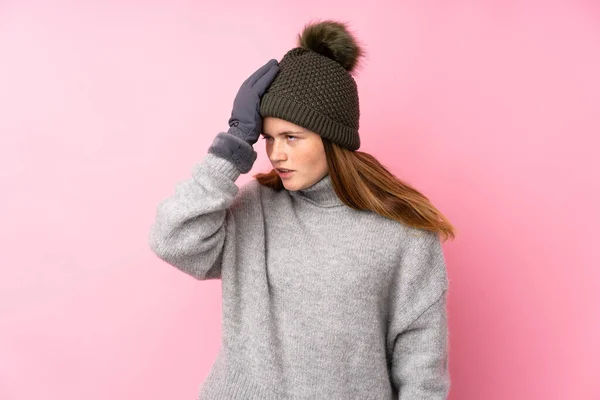 Ukrainian Teenager Girl Winter Hat Isolated Pink Background Having Doubts — Stock Photo, Image