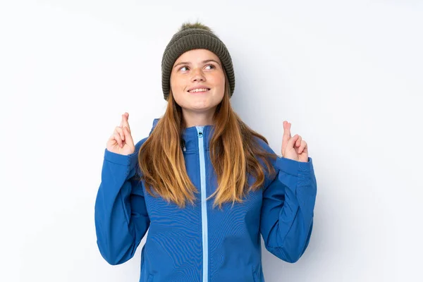 Adolescente Ucraniana Con Sombrero Invierno Sobre Fondo Blanco Aislado Con —  Fotos de Stock