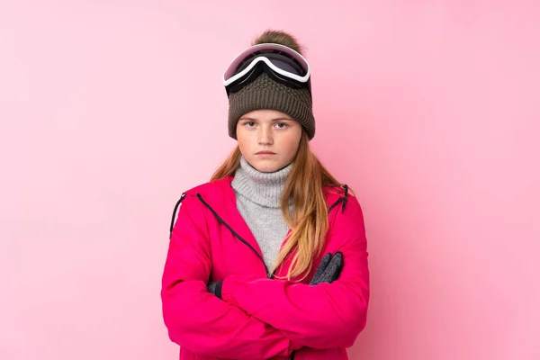 Ukrajinský Teenager Lyžař Dívka Snowboardingu Brýle Přes Izolované Růžové Pozadí — Stock fotografie