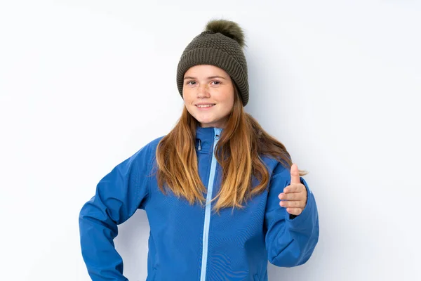 Ukrajinský Teenager Dívka Zimní Klobouk Přes Izolované Bílé Pozadí Potřesení — Stock fotografie