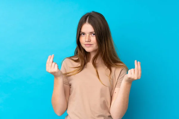 Ucraniano Adolescente Chica Sobre Aislado Azul Fondo Haciendo Dinero Gesto — Foto de Stock