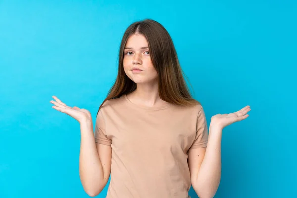 Ucraniano Adolescente Chica Sobre Aislado Azul Fondo Tener Dudas Mientras — Foto de Stock