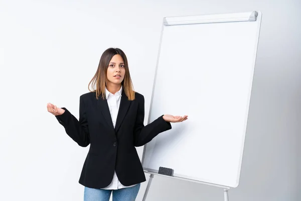 Young woman giving a presentation on white board giving a presentation on white board