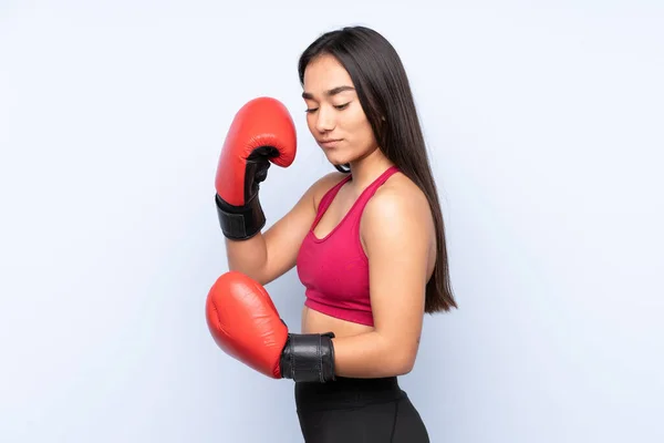 Young Indian Sport Woman Isolated Blue Background Boxing Gloves — Stock Photo, Image