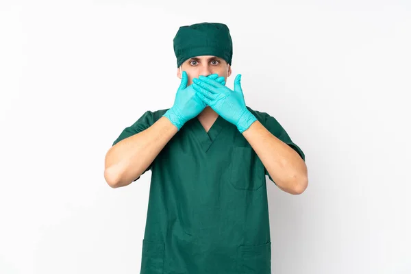 Chirurg Grüner Uniform Isoliert Auf Isoliertem Weißem Hintergrund Der Mund — Stockfoto