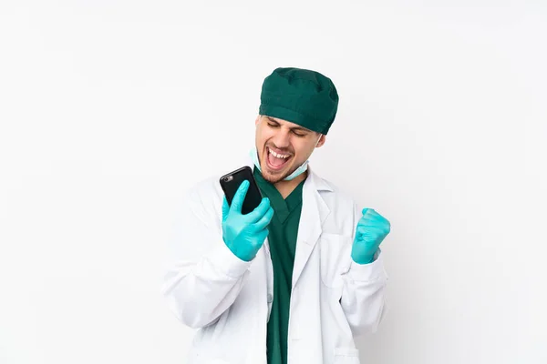 Surgeon Green Uniform Isolated Isolated White Background Phone Victory Position — Stock Photo, Image