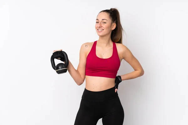 Young Sport Brunette Woman Isolated White Background Making Weightlifting Kettlebell — 스톡 사진