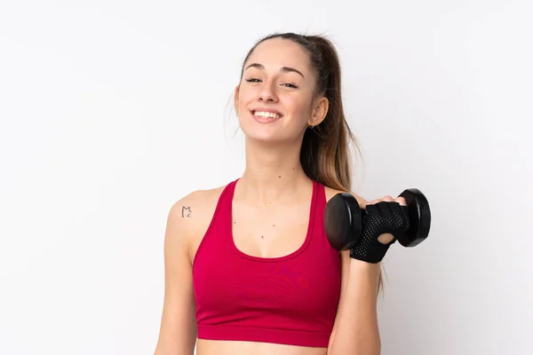 Jovem Esporte Morena Mulher Sobre Isolado Fundo Branco Fazendo Levantamento — Fotografia de Stock