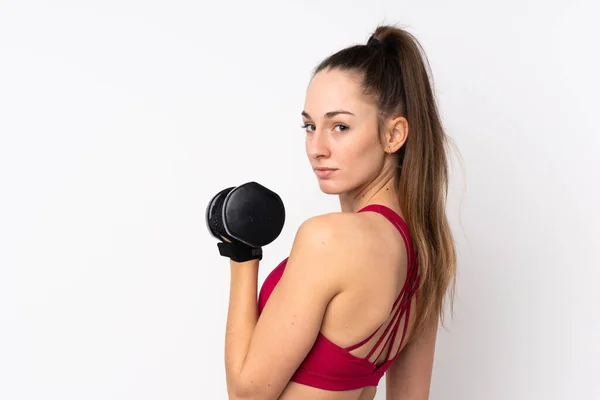 Jovem Esporte Morena Mulher Sobre Isolado Fundo Branco Fazendo Levantamento — Fotografia de Stock