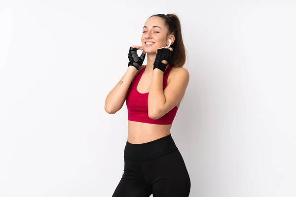 Young Sport Brunette Woman Isolated White Background Listening Music — Stock Photo, Image