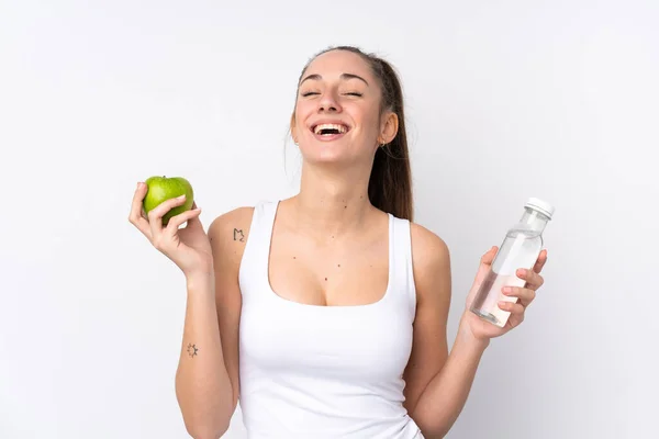 Young Brunette Woman Isolated White Background Apple Bottle Water — ストック写真