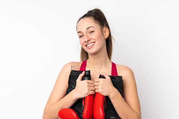 Jovem Esporte Morena Mulher Sobre Isolado Fundo Branco Com Luvas — Fotografia de Stock