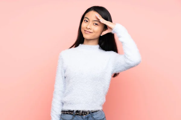 Teenager Chinese Woman Isolated Pink Background Saluting Hand Happy Expression — Stock Photo, Image