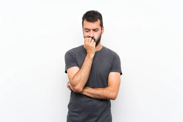 Joven Guapo Hombre Sobre Aislado Blanco Fondo Teniendo Dudas —  Fotos de Stock