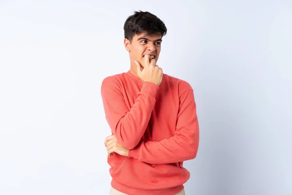 Handsome Man Isolated Blue Background Nervous Scared — Stock Photo, Image