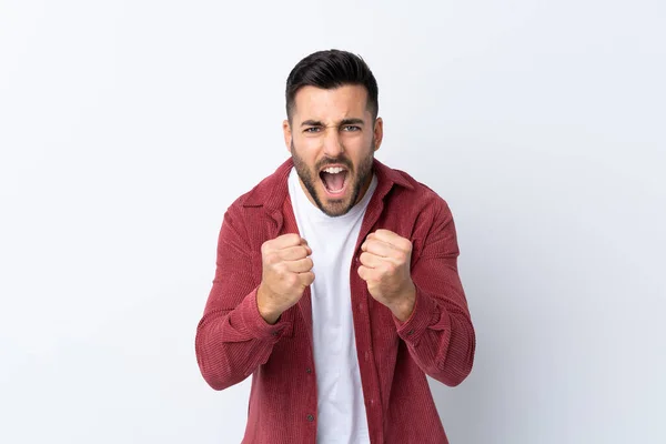 Jovem Homem Bonito Com Barba Vestindo Casaco Veludo Sobre Fundo — Fotografia de Stock