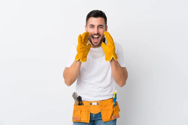 Craftsmen Electrician Man Isolated White Background Shouting Mouth Wide Open — Stock Photo, Image