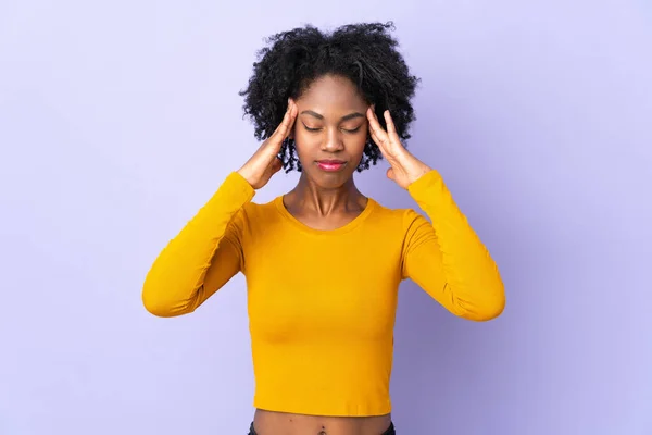 Young African American Woman Isolated Purple Background Headache — Stock Photo, Image
