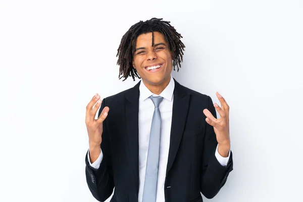 Młody Afroamerykanin Biznesmen Człowiek Odizolowane Białe Tło Śmiech — Zdjęcie stockowe