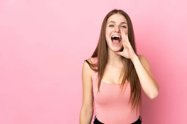 Young Caucasian Woman Isolated Pink Background Shouting Mouth Wide Open — Stock Photo, Image
