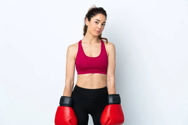 Esporte Mulher Sobre Isolado Fundo Branco Com Luvas Boxe — Fotografia de Stock