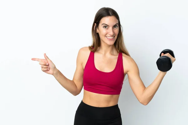 Sport Woman Making Weightlifting Isolated White Background Surprised Pointing Finger — Stock Photo, Image