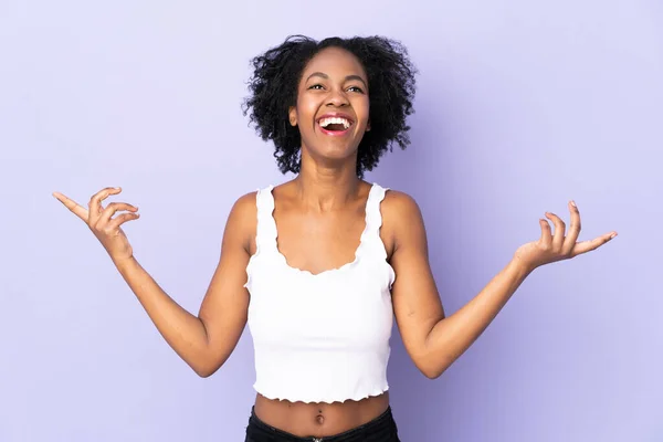 Young African American Woman Isolated Purple Background Smiling Lot — Stock Photo, Image