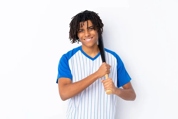 Jonge Afro Amerikaanse Man Spelen Honkbal Geïsoleerde Witte Achtergrond Spelen — Stockfoto