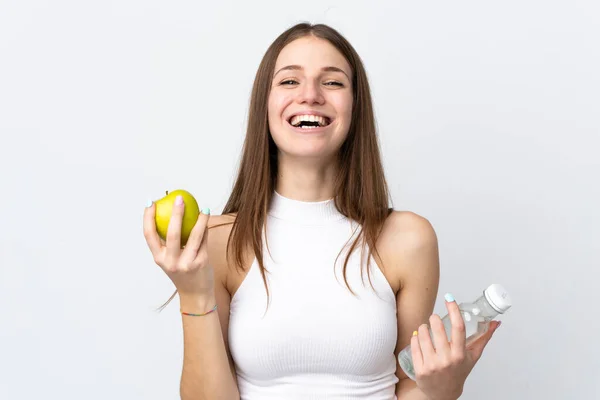 Junge Kaukasische Frau Isoliert Auf Weißem Hintergrund Mit Einem Apfel — Stockfoto