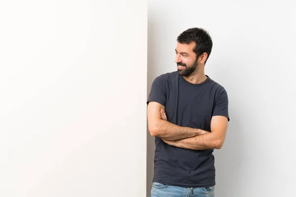 Young Handsome Man Beard Holding Big Empty Placard Portrait — Stock Photo, Image