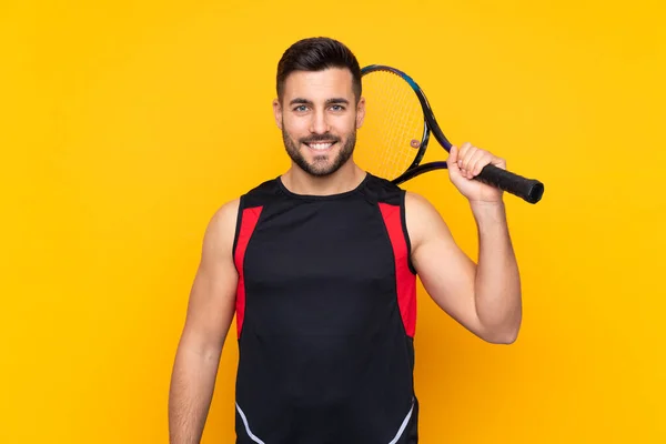 Man Isolated Yellow Background Playing Tennis — ストック写真