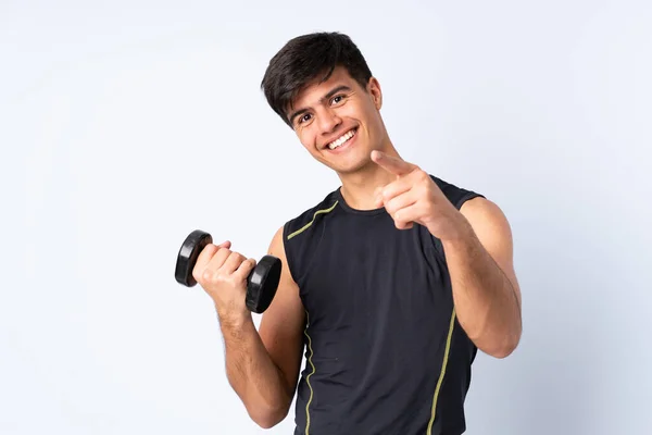 Sport Man Making Weightlifting Isolated Blue Background Points Finger You — Stock Photo, Image