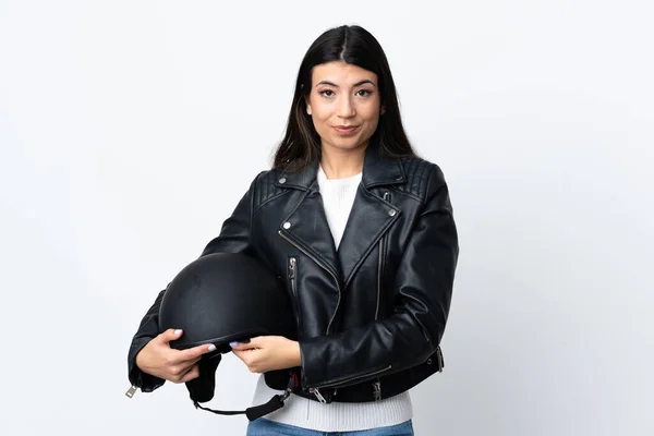 Mujer Joven Sosteniendo Casco Motocicleta Sobre Fondo Blanco Aislado Pensando —  Fotos de Stock