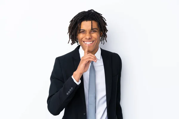 Junger Afroamerikanischer Geschäftsmann Mit Isoliertem Weißen Hintergrund Macht Schweigegegeste — Stockfoto