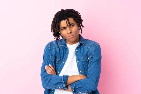 Young African American Man Jean Shirt Isolated Pink Background Thinking — Stock Photo, Image