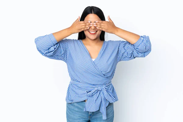 Young Latin Woman Woman Isolated White Background Covering Eyes Hands — Stock Photo, Image