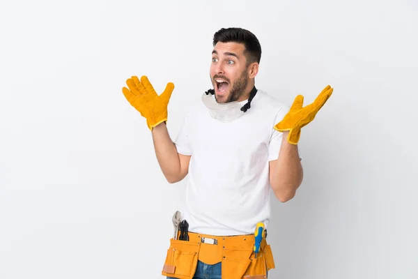 Craftsmen Electrician Man Isolated White Background Surprise Facial Expression — 스톡 사진