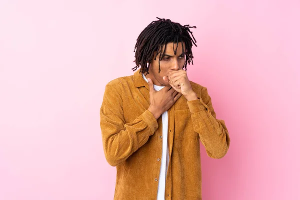 Young African American Man Corduroy Jacket Isolated Pink Background Suffering — Stock Photo, Image
