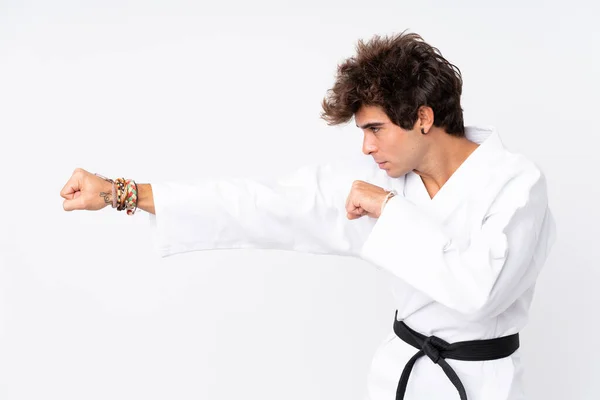Mladý Běloch Muž Přes Izolované Bílé Pozadí Dělá Karate — Stock fotografie